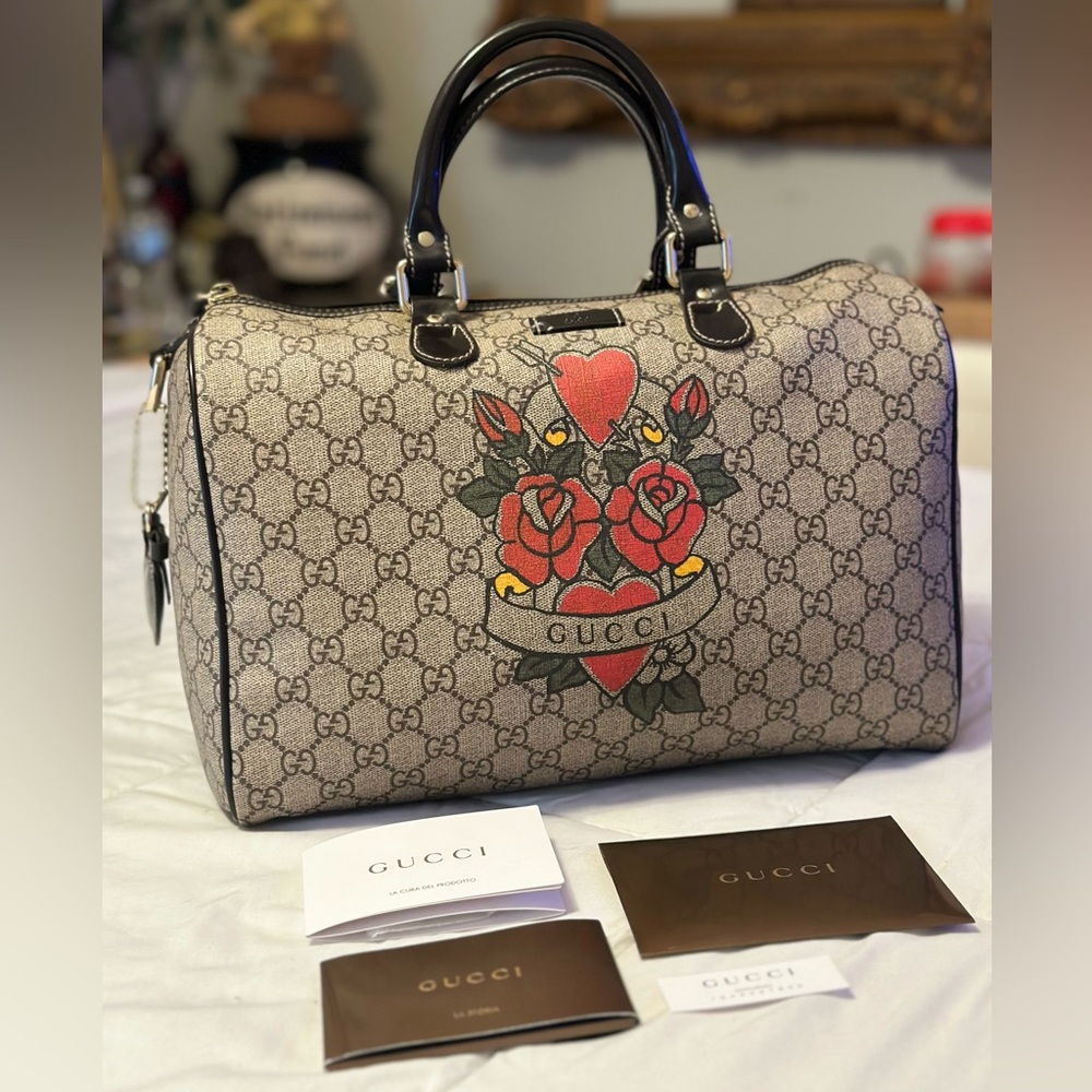 AUTHENTIC GUCCI MONOGRAM TATTOO HEART JOY BOSTON HANDBAG
